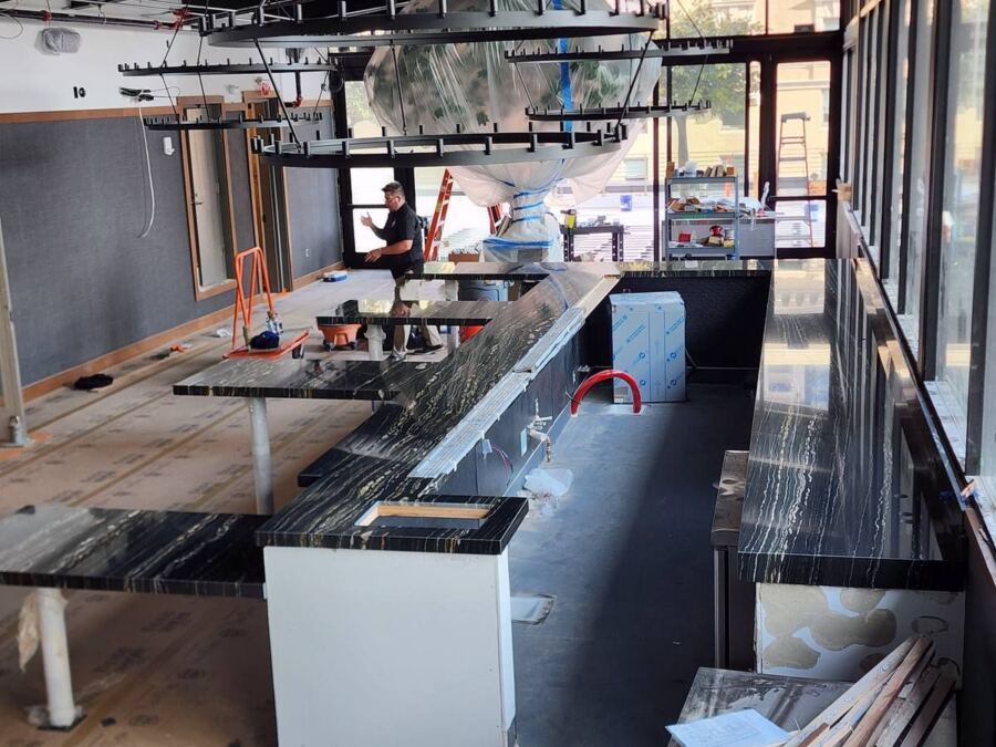 Quartzite rooftop bar top installation, Downtown Seattle